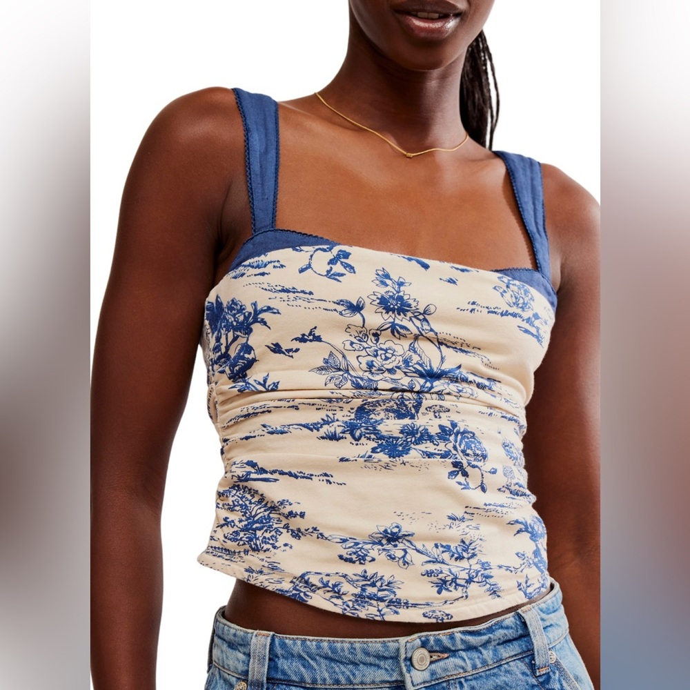 NWT Free People 2 Toned Printed Tank White and Blue Print Size M